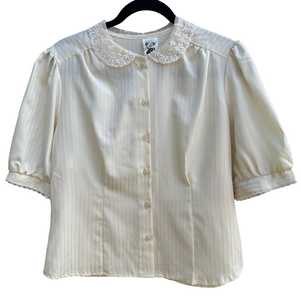 You Babes Vintage Cream Lace Peter Pan‎ Collar Satin Stripe Puff Sleeve Blouse L